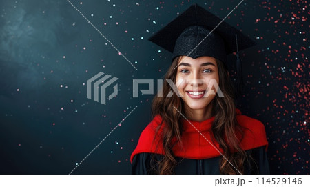 Student cap, graduation cap, diploma, banner: a triumphant celebration marking the end of the school year, embracing academic achievement and success with the issuance of diploma certificates. 114529146