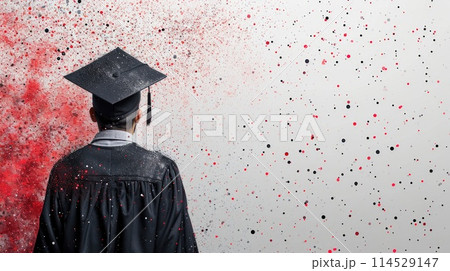 Student cap, graduation cap, diploma, banner: a triumphant celebration marking the end of the school year, embracing academic achievement and success with the issuance of diploma certificates. 114529147