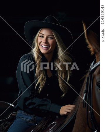 Elegant beauty of a cowgirl: grace meets grit, prairie echoes with the allure of a free-spirited, beautiful woman serene charm of a pretty girl, portrait of grace. 114529148