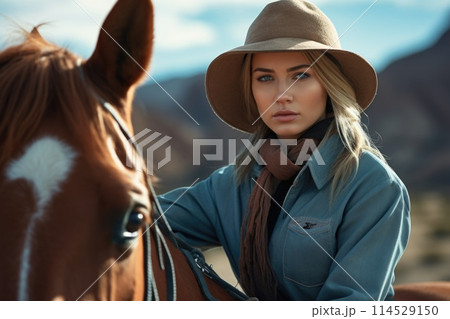 Elegant beauty of a cowgirl: grace meets grit, prairie echoes with the allure of a free-spirited, beautiful woman serene charm of a pretty girl, portrait of grace. 114529150