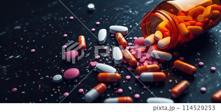 Health essentials: tablets, pills, and medicine providing diverse options for wellness and medical care, pharmaceutical for daily health needs and well-being. Health essentials: tablets, pills, and medicine providing diverse options for wellness and medical care, pharmaceutical for daily health needs and well-being. 114529253