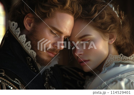 Capturing passion in the renaissance, victorian, and baroque era: a timeless love story portrayed by a couple in vintage attire, embracing the elegance, romance, and nostalgia of historical periods. 114529401