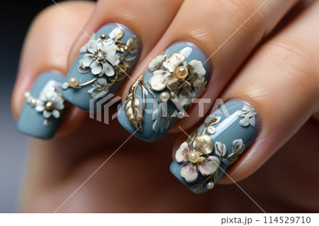 Nail art mastery: a captivating showcase of 3d three-dimensional elegance, featuring beautiful design adorning nails, blending creativity, style, intricate craftsmanship for a chic and trendy look. 114529710