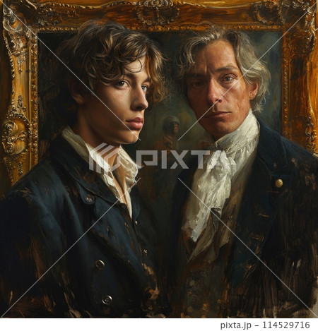 The enigmatic young man, poised beside his aging portrait, sparks a mystical tale of eternal charm and hidden enigma, painting concealing his aging years, wrapped in an enigmatic shroud of mystery. 114529716
