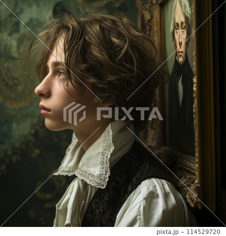 Young man standing next to his aging portrait: the mystique of the composition, where the painting conceals his old years, enabling him to endure in eternal youthfulness, 114529720