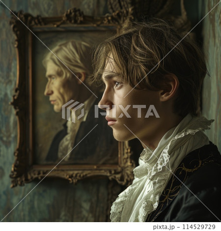 Young man standing next to his aging portrait: the mystique of the composition, where the painting conceals his old years, enabling him to endure in eternal youthfulness, 114529729
