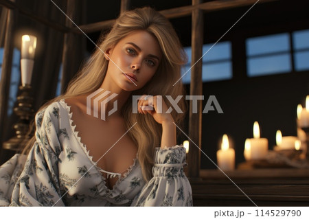 Pretty lady. In the enchanting ambiance of a tavern, a beautiful girl captivates with her charm, adding allure to the conviviality of this social gathering. Pretty lady. In the enchanting ambiance of a tavern, a beautiful girl captivates with her charm, adding allure to the conviviality of this social gathering. 114529790