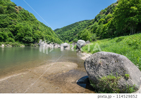 新緑の木津川風景　笠置ボルダー　京都府笠置町 114529852