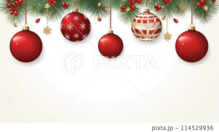Garland of red Christmas balls, lights and spruce needles on white background, copy space. Garland of red Christmas balls, lights and spruce needles on white background, copy space. 114529936