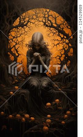 Pretty young woman in black dress worship in the black forest under a full Moon in Samhain night, vertical image. 114529989