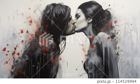 Handsome long-haired young man kisses a pretty young woman, side view, abstract background. 114529994