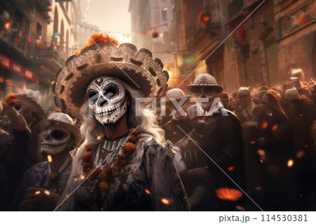 Elderly woman in traditional Mexican costume and skull makeup celebrate with a crowd of people the day of the dead in the street, selective focus. 114530381
