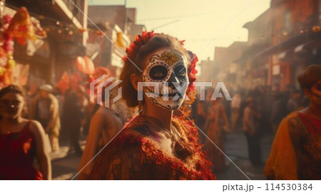 Young pretty woman in traditional Mexican costume and skull makeup celebrate the day of the dead in the street, selective focus. 114530384