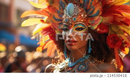 Carnival in Barranquilla, Colombia: A dazzling spectacle of vibrant costumes, rhythmic music, and lively dances, celebrating the city's rich cultural heritage and festive spirit. 114530418