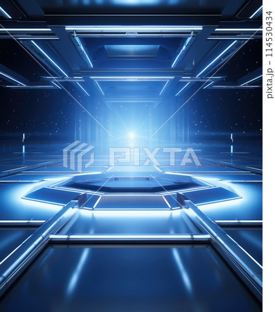 Electrifying stage: mesmerizing scenes LED panels, holographic displays, laser lights, ample copy space, dynamic banners, creating visual symphony for immersive events and cutting-edge presentations. 114530434