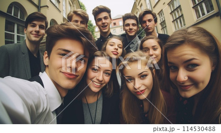 Global smiles: capturing joy in group selfies of cheerful and happy young people diverse nationalities, celebrating unity, friendship, cultural harmony in shared moments of happiness and togetherness. Global smiles: capturing joy in group selfies of cheerful and happy young people diverse nationalities, celebrating unity, friendship, cultural harmony in shared moments of happiness and togetherness. 114530488