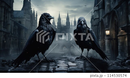 Two magic black ravens on the paved square surrounded by old Gothic buildings in twilight. 114530574