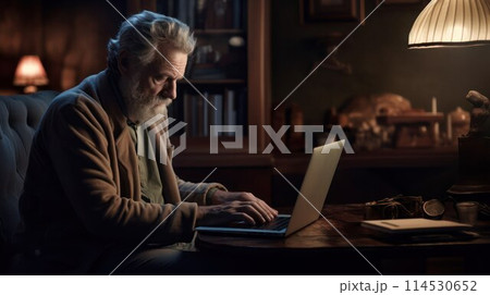 Elderly man using laptop at home sitting at a table in the evening in room, selective focus. Elderly man using laptop at home sitting at a table in the evening in room, selective focus. 114530652