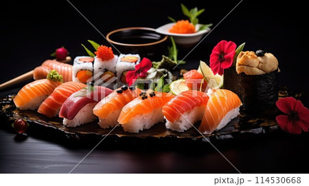 Japanese traditional Nigiri and sushi set with soy sauce on black wooden board decorated with flowers. 114530668
