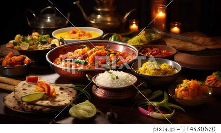 Set of dishes of national Indian cuisine, close-up. 114530670