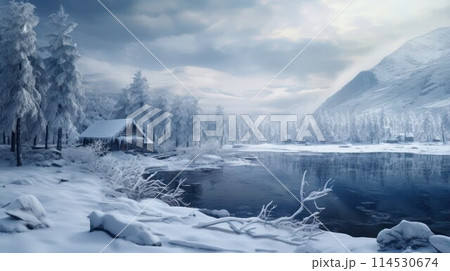 Frozen beautiful winter nature landscape with lonely log cabin by the lake among a forest at the foot of the mountain, no people. 114530674