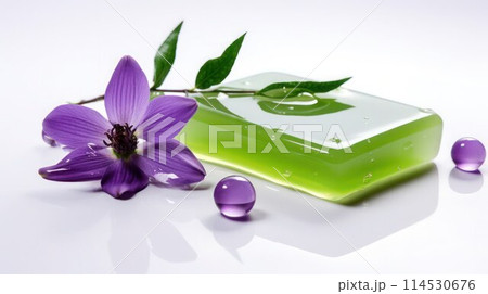 Fresh attractive clear green natural herbal soap with beautiful violet flower on a wet shiny white surface, close-up, selective focus. 114530676