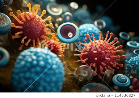 In the microscopic realm, a vibrant microbe dances, form intricate surreal. A symphony of colors shapes, it embodies unseen beauty of microbial world, a tiny marvel thriving in unseen corners of life. 114530827