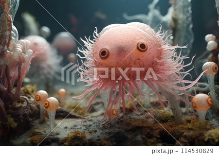 In the microscopic realm, a vibrant microbe dances, form intricate surreal. A symphony of colors shapes, it embodies unseen beauty of microbial world, a tiny marvel thriving in unseen corners of life. 114530829