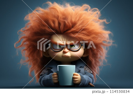 Whimsical morning: animated female character savoring a cup of coffee, blending charm and vibrancy of creative storytelling and lively expressions. Whimsical morning: animated female character savoring a cup of coffee, blending charm and vibrancy of creative storytelling and lively expressions. 114530834
