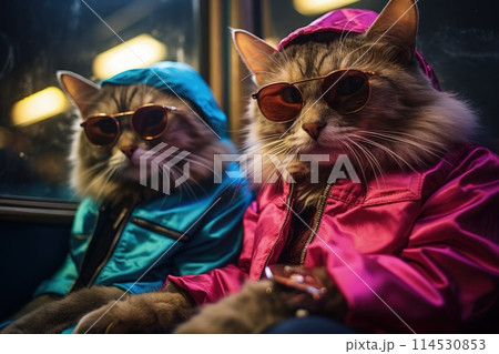 cats portrait with sunglasses, Funny animals in a group together looking at the camera, wearing clothes, having fun together, taking a selfie, An unusual moment full of fun and fashion consciousness. 114530853