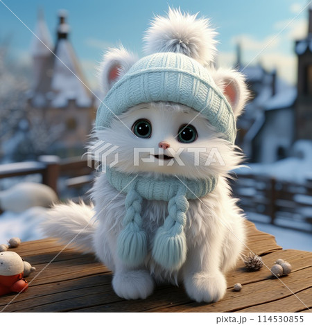 White cartoon bear with cuddly demeanor wears cozy scarf and mittens, exuding warmth. Playful and adorable, bear embodies charm of winter with touch of festive magic, heartwarming in snowy wonderland. White cartoon bear with cuddly demeanor wears cozy scarf and mittens, exuding warmth. Playful and adorable, bear embodies charm of winter with touch of festive magic, heartwarming in snowy wonderland. 114530855