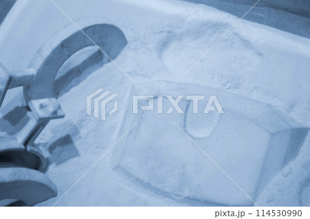 White polyamide powder and object on 3D printed from white polyamide powder close-up. Polyamide powder for creating objects on 3D printer. Additive MJF Multi Jet Fusion technologies. Thermoplastic White polyamide powder and object on 3D printed from white polyamide powder close-up. Polyamide powder for creating objects on 3D printer. Additive MJF Multi Jet Fusion technologies. Thermoplastic 114530990