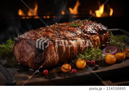 The aesthetics of roasted meat, grilled, savory and hearty, steak, cooking menu, deep-fried in large chunks, hot and cold dish, unhealthy and delicious product tasty . 114530995