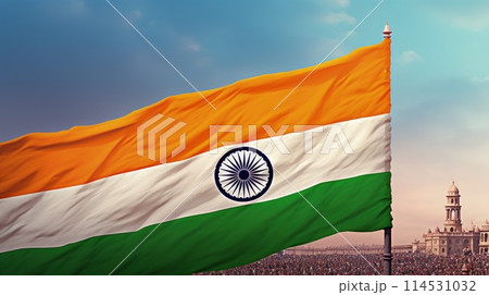 India Republic Day. A vibrant scene unfolds on India Republic Day: Tri-color flags flutter in the patriotic breeze as people celebrate democracy, unity, and national pride. 114531032