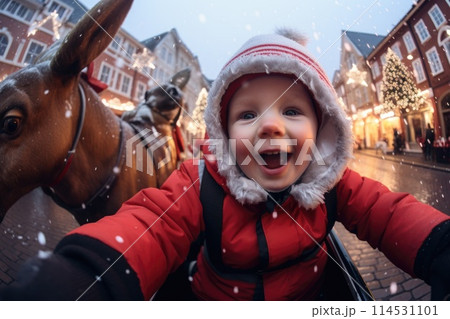 Magical new year's eve: joyful child embraces the spirit of celebration with a reindeer companion in a heartwarming display of holiday bliss and innocence. 114531101
