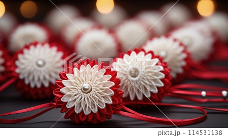 Celebrating spring's cheer: the joyous tradition of happy martisor, a Romanian cultural festivity marked by red and white talismans, symbolizing luck, optimism, and festive merriment on March 1st 114531138
