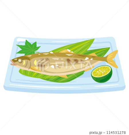 皿に盛られた鮎の塩焼き 114531278