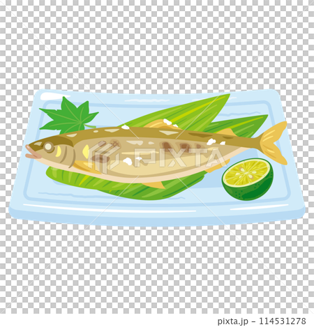 皿に盛られた鮎の塩焼き 114531278
