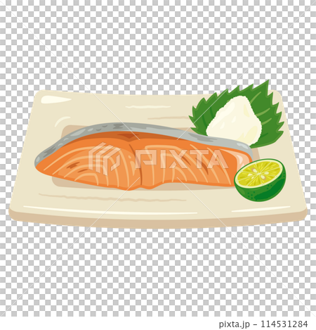 Salt-grilled salmon served on a plate 114531284