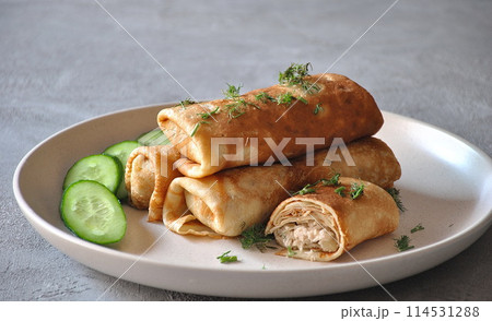 Pancakes  stuffed with meat. Russian polish cuisine 114531288