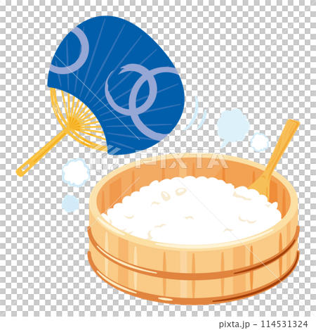 Vinegared rice in a wooden tub and a fan 114531324