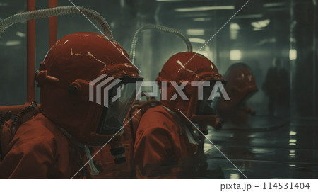 Specialists in protective fireproof suits explores the danger zone indoor, close-up. 114531404