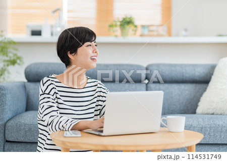 リビングでパソコンを使う女性。 114531749