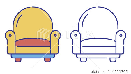 Thin line stroked color icon. Cozy home chair for watching TV and relaxing at home after work. Furniture. Simple vector isolated on white background Thin line stroked color icon. Cozy home chair for watching TV and relaxing at home after work. Furniture. Simple vector isolated on white background 114531765