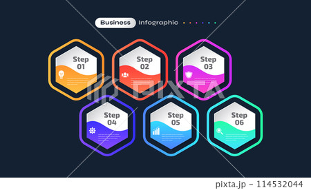 Modern Infographic Design Template with 6 Options or Steps. Can be used for Presentation, Workflow Layout, Diagram, or Annual Report. Timeline Diagram Presentation Design 114532044