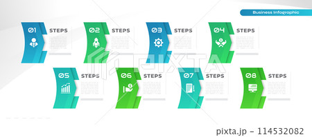 Business Infographic Design Template with 8 Options or Steps. Can be used for Presentation, Workflow Layout, Diagram, or Annual Report 114532082