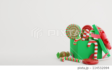 Christmas candy in the present box, 3D render Christmas and New year concept and copy space on white background 114532094
