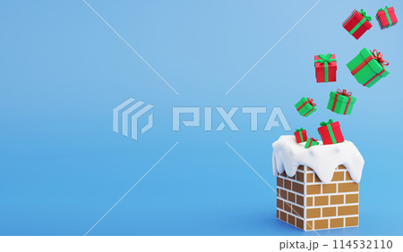 Presents falling down to chimney, 3D render Christmas and New year concept and copy space on blue background Presents falling down to chimney, 3D render Christmas and New year concept and copy space on blue background 114532110