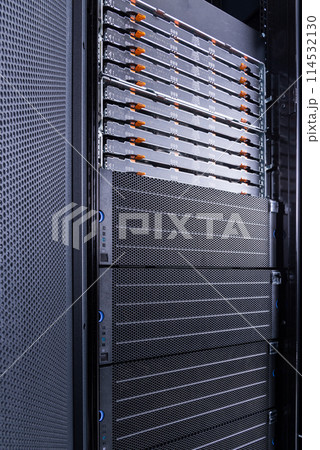server rack with uncovered data storage arrays filled with hard drives - internet cloud provider concept server rack with uncovered data storage arrays filled with hard drives - internet cloud provider concept 114532130