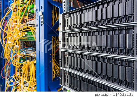 Row of hard disks used for data storage in internet data center 114532133